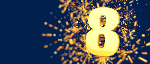 Gold number 8 in the foreground with gold confetti falling and fireworks behind out of focus against a dark blue background. 3D Illustration