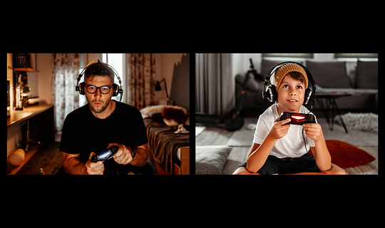 Father and son are on a video call playing video games together online while being in different places. The image is showing two monitor screens.
