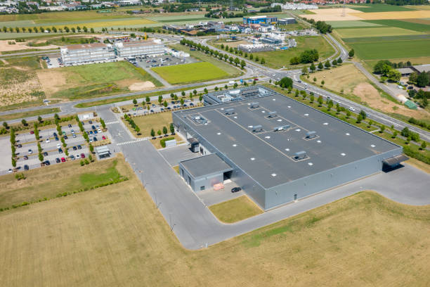 Large industrial buildings and office park. Developing area