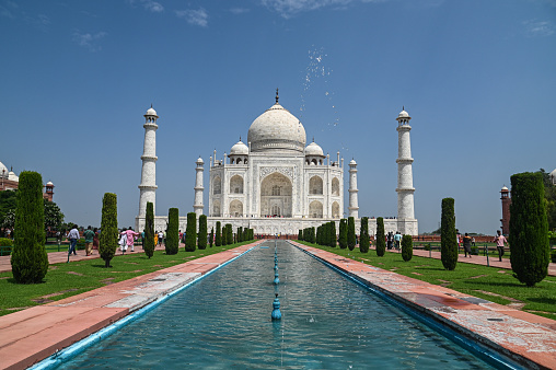 A general view of the Taj Mahal monument with Yamuna river in Agra, India.