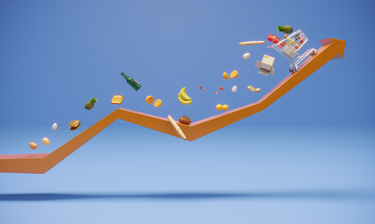 A shopping cart with falling foods moving up on the arrow, symbolizing food inflation. (3d render)
