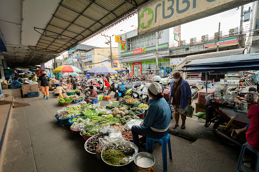 Fresh vegetables shop on the sidewalk in Thailand August 4, 2022