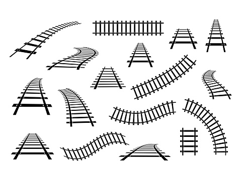 Train railway road set. Rail transport path element collection. Vector isolated on white.