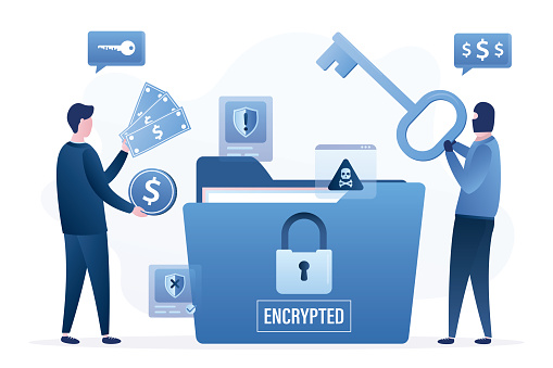 Ransomware, concept. Hacker anonymous holds key and demands money. User give money. Big folder with encrypted data. Padlock on files after hacker attack. Network piracy danger. Vector illustration