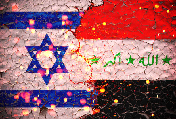 istock Grunge israel vs iraq national flags icon pattern isolated on broken cracked wall background, abstract international political relationship friendship divided conflicts concept wallpaper. 1421612891