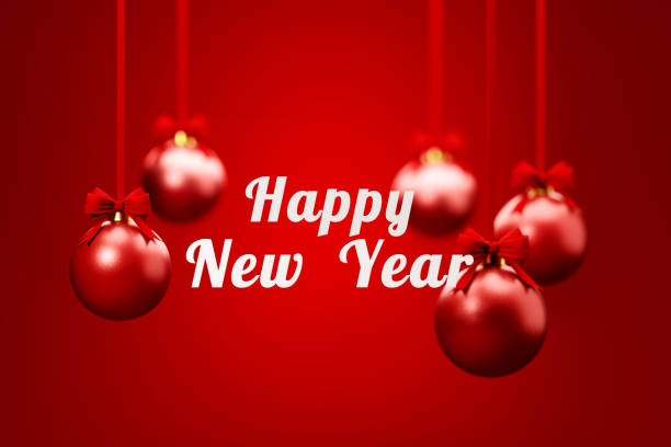 istock Happy New Year Message And Red Christmas Baubles Over Red Background 1421615744