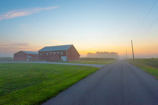 Sunrise on a Country road with Barn and corn field-Howard County, Indiana