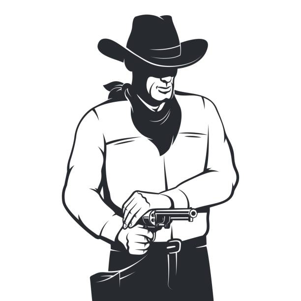 Western cowboy shoots a pistol - vintage style. Gunfighter from wild west.