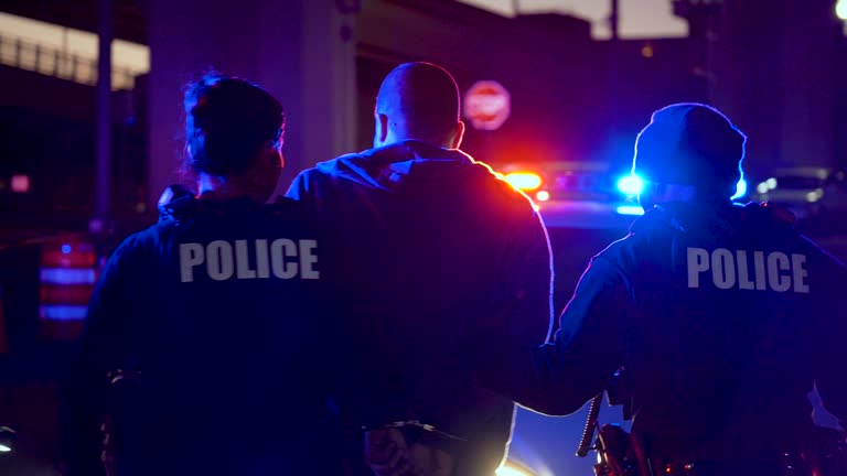 Two police officers arresting a suspect at night