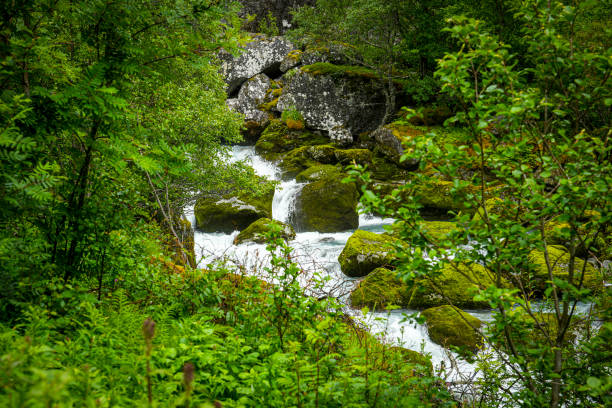 Waterfall and meltwater river in the valley approaching Briksdal Glacier in Norway.