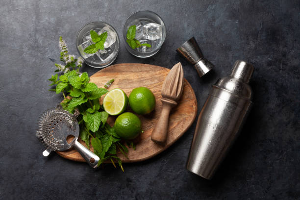 istock Mojito cocktail ingredients and drinks utensils 1421621699