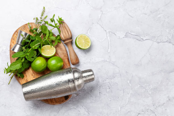 istock Mojito cocktail ingredients and drinks utensils 1421621837