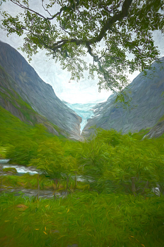 Digital painting of the abandoned Cwmorthin Terrace and Rhosydd Slate Quarry at Blaenau Ffestiniog in Gwynedd, Wales