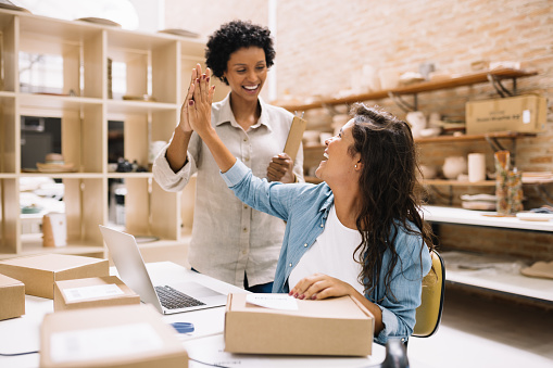 Online store owners high fiving each other while working together in a warehouse. Female entrepreneurs celebrating their success as a team. Happy businesswomen running an e-commerce small business.