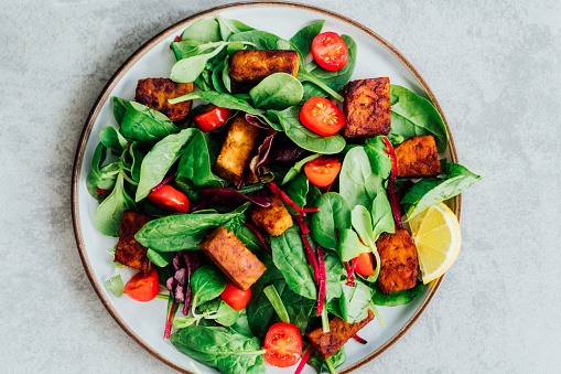 Top view healthy salad with roasted tempeh, cherry tomato, beetroot straws, spinash and lettuce leaves on plate. Tempeh is fermented soy bean. Plant based protein. Healthy Cooking, eating. Go vegan