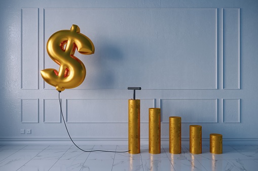 Pumped golden balloon shaped of dollar sign with the growing bar graph on white wall, symbolizing inflation concept. (3d render)