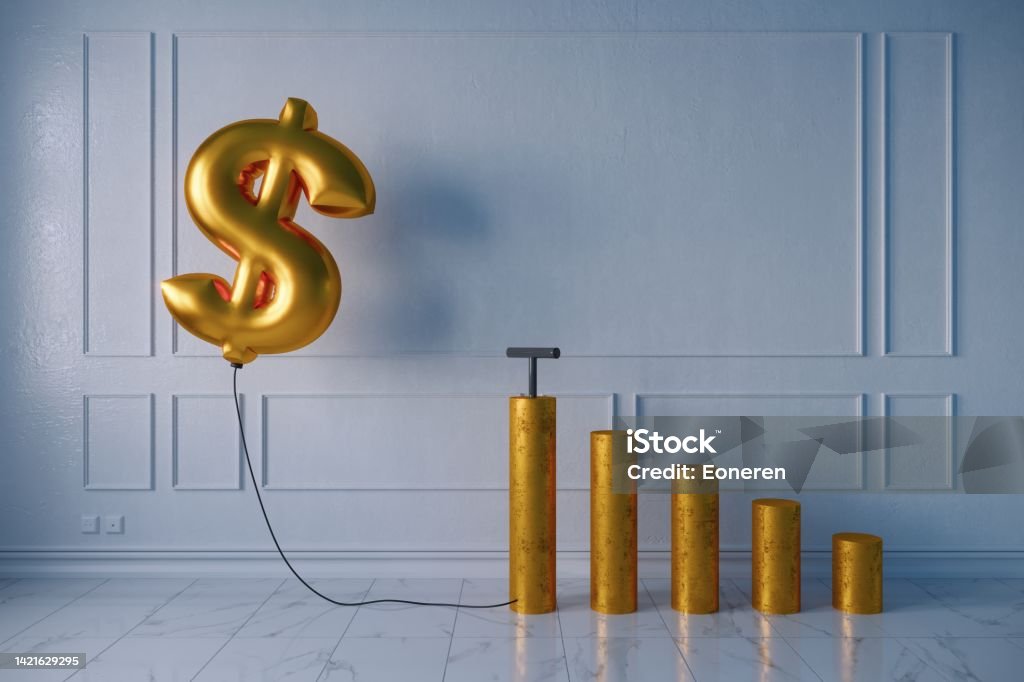 Inflated balloon dollar sign Pumped golden balloon shaped of dollar sign with the growing bar graph on white wall, symbolizing inflation concept. (3d render) Inflation - Economics Stock Photo