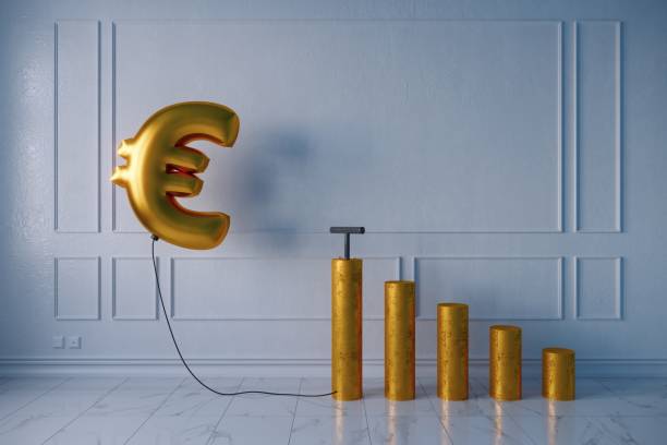 Inflated balloon euro sign Pumped golden balloon shaped of euro sign with the growing bar graph on white wall, symbolizing inflation concept. (3d render) euro symbol stock pictures, royalty-free photos & images