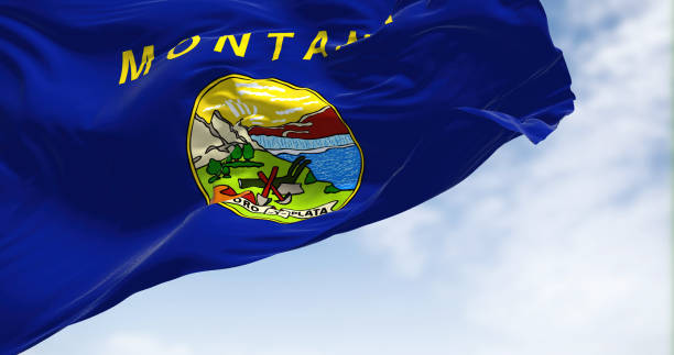 the us state flag of montana waving in the wind - montana flag us state flag banner imagens e fotografias de stock