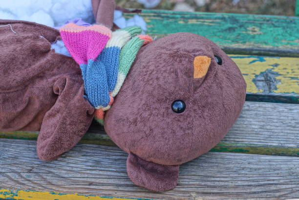 istock one brown plush toy bear with a colored scarf 1421630492