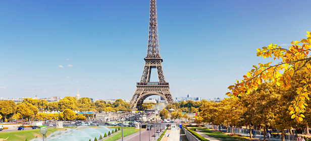 Eiffel Tower and Paris cityscape in sunny autumn sunny day, France, web banner