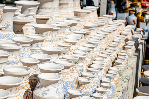 Sibiu City, Romania - 04 September 2022. Traditional Romanian handmade ceramics market at the potters fair from Sibiu, Romania