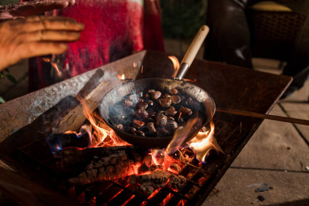asar castañas en un fuego - chestnut roasted heat roasted chestnut fotografías e imágenes de stock
