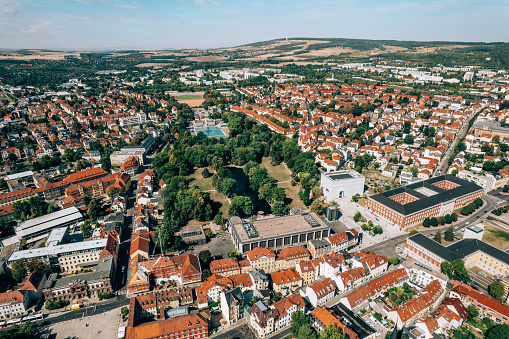 Weimar is a city in Germany mostly known for its cultural heritage, aerial view of Weimar, Thuringia, Germany.