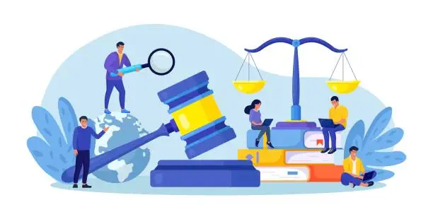 Vector illustration of Law and Justice. Men discuss legal issues, people work on laptop near justice scales, judge gavel, wooden hammer. Supreme court. Lawyer consulting client. Legislation, civil regulation
