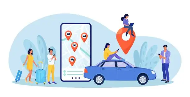 Vector illustration of Person use autonomous online car sharing service. Man near smartphone screen with route and points location of car on city map. Online ordering taxi, rent auto. Group of people sharing auto