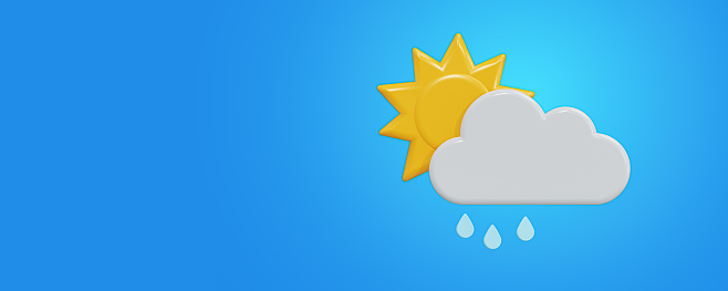 Weather forecast icon. Partly cloudy with rain Day Weather forecast info icon on blue. Climate weather element. Trendy wide banner for report mark, meteo mobile app, business, web. 3d rendering