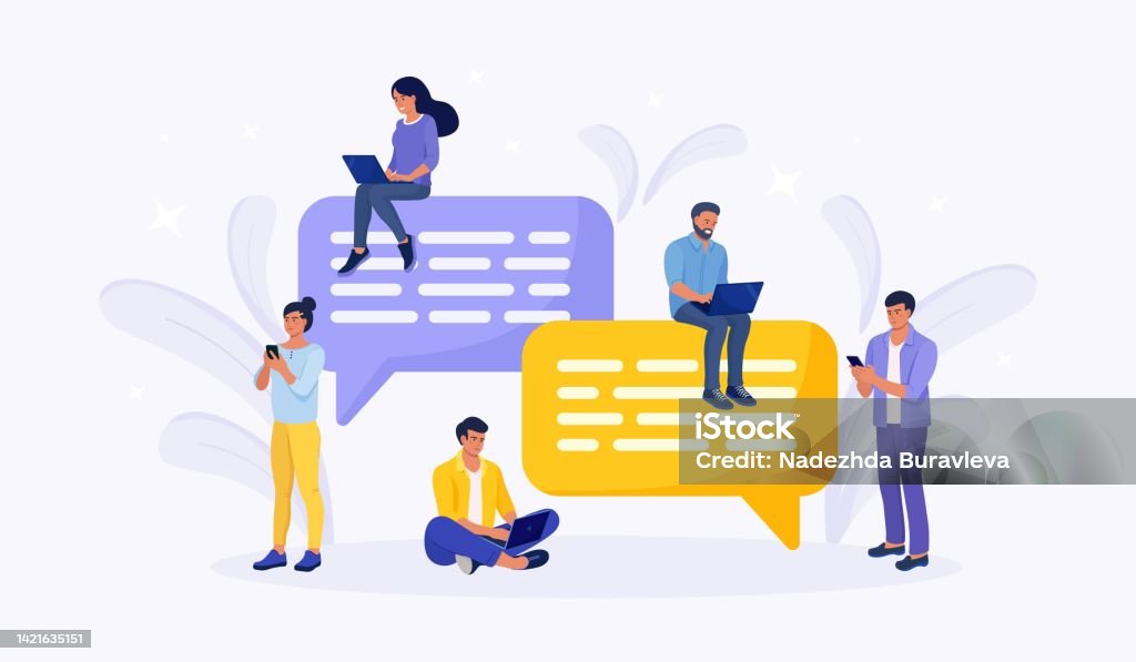 People Sitting On Speech Bubbles For Dialogue Comment And Reply ...