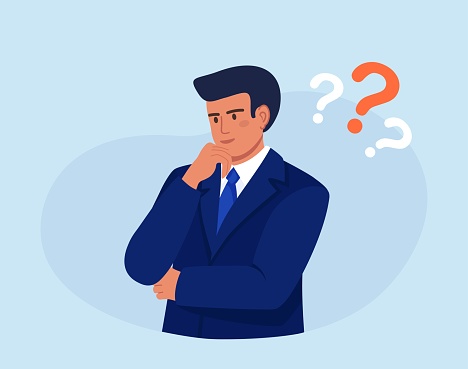 Thoughtful person. Smart man thinking or solving problem. Pensive guy surrounded by question mark. Confused man thinks, trying to find a solution. Confusing situation