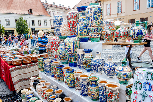 Sibiu City, Romania - 04 September 2022. Traditional Romanian handmade ceramics market at the potters fair from Sibiu, Romania