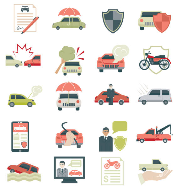 ilustrações, clipart, desenhos animados e ícones de conjunto de ícones de seguro de auto de cor plana - tow truck car computer icon auto accidents