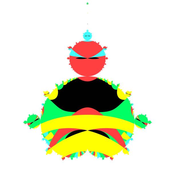 Abstract image of meditation practice. Silhouette of a man in the lotus position. The full set of the Mandelbrot fractal is used. Digital art pop art style. Colorful logotype isolated on white background.