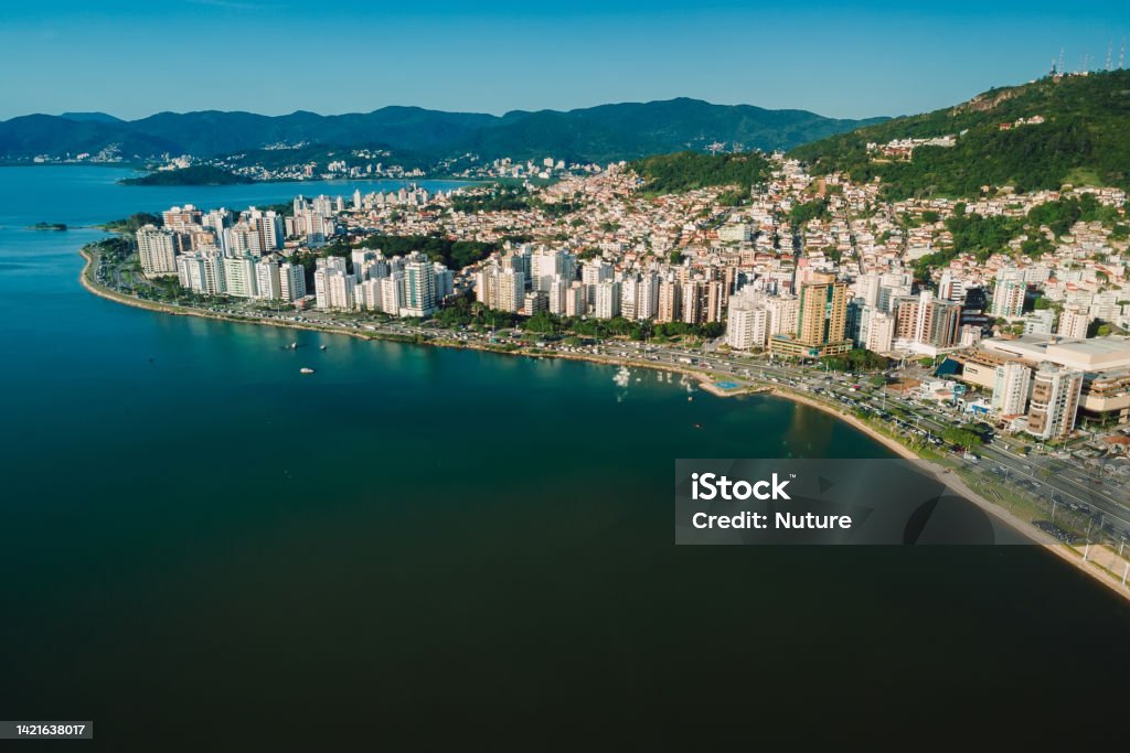 Aerial view of Florianopolis downtown and coastline. Urban view of architectural landscape Florianópolis Stock Photo
