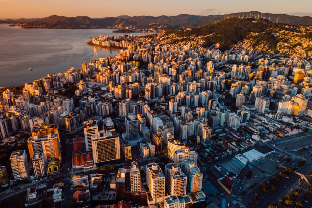 Aerial view of Florianopolis downtown. Urban view of architectural landscape at sunset Aerial view of Florianopolis downtown. Urban view of architectural landscape at sunset florianópolis stock pictures, royalty-free photos & images