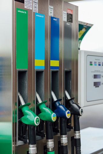 Pumps at a petrol station in the North East of England. Image taken during a cost of living crisis.