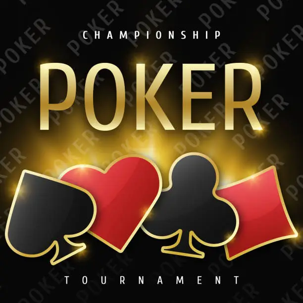 Vector illustration of Poker tournament banner. Poker logo with playing card suit chips. Clubs, diamonds, spades, hearts on a black background. Vector illustration.