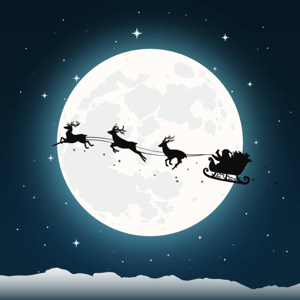 istock Silhouette of Santa's sleigh and reindeers on full moon background 1421639285