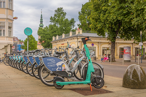 Saddle of bike on city background close up