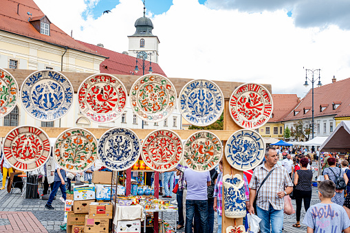 Sibiu City, Romania - 04 September 2022. Traditional Romanian handmade ceramics market at the potters fair from Sibiu, Romania