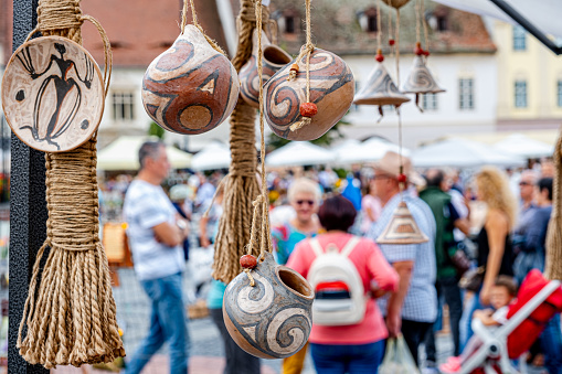 Sibiu City, Romania - 04 September 2022. Traditional Romanian handmade ceramics market at the potters fair from Sibiu, Romania