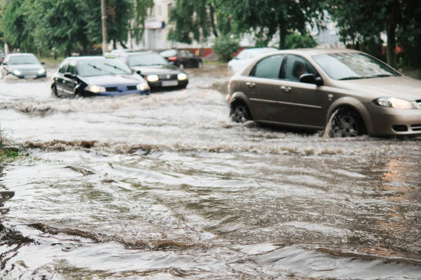 carros na rua inundados com chuva - chuva torrencial - fotografias e filmes do acervo