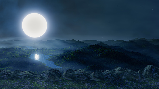 Blue full moon in the sky, at the top of the mountain or evergreen forest. Full moon night in nature, landscape, forest, misty, mountain peak. 3D Rendering