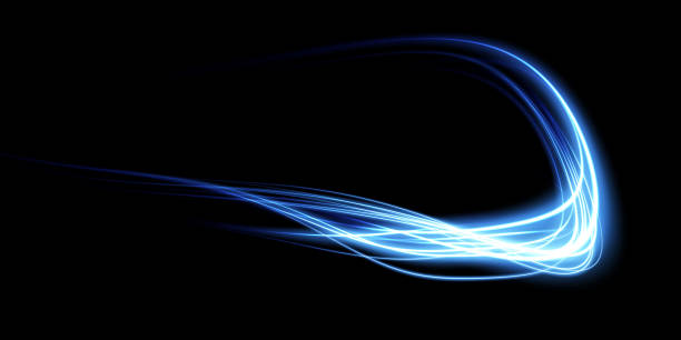 istock Abstract light lines of movement and speed in blue. Light everyday glowing effect. semicircular wave, light trail curve swirl, car headlights, incandescent optical fiber design. 1421648612