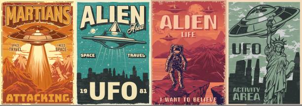 aliens zestaw vintage kolorowe ulotki - york england illustrations stock illustrations