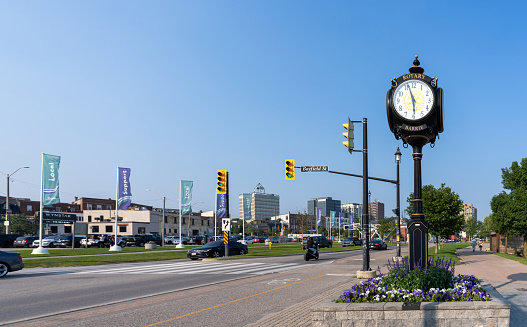 Barrie, Ontario, Canada - July 25 2021 : Barrie Clock. City of Barrie downtown street view.
