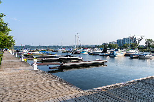 Barrie, Ontario, Canada - July 25 2021 : City of Barrie Marina Boat Launch and Dock. Kempenfelt Bay, Lake Simcoe.